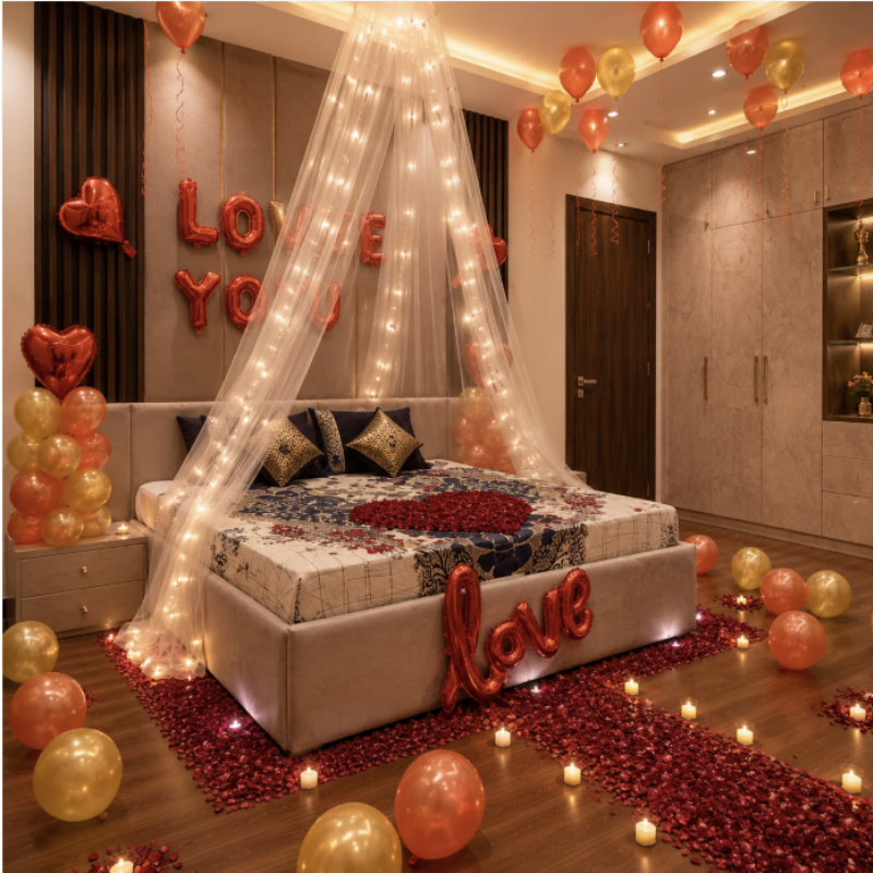 First Night Room Decoration with flowers and balloons
