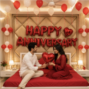 Simple Anniversary Balloon Decoration at Home in Bedroom
